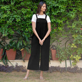 Black Warm Cotton Waffle Midi Dungaree Jumpsuit