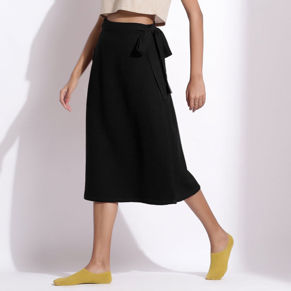 Black Warm Cotton Waffle Midi Wrap Skirt