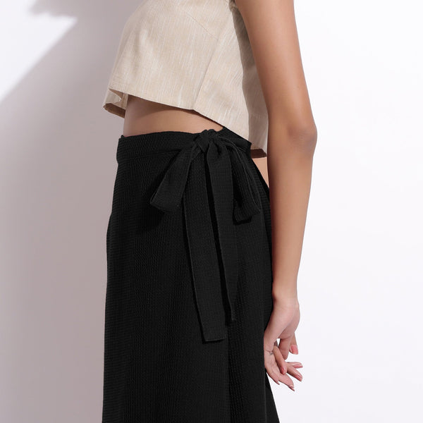 Black Warm Cotton Waffle Midi Wrap Skirt