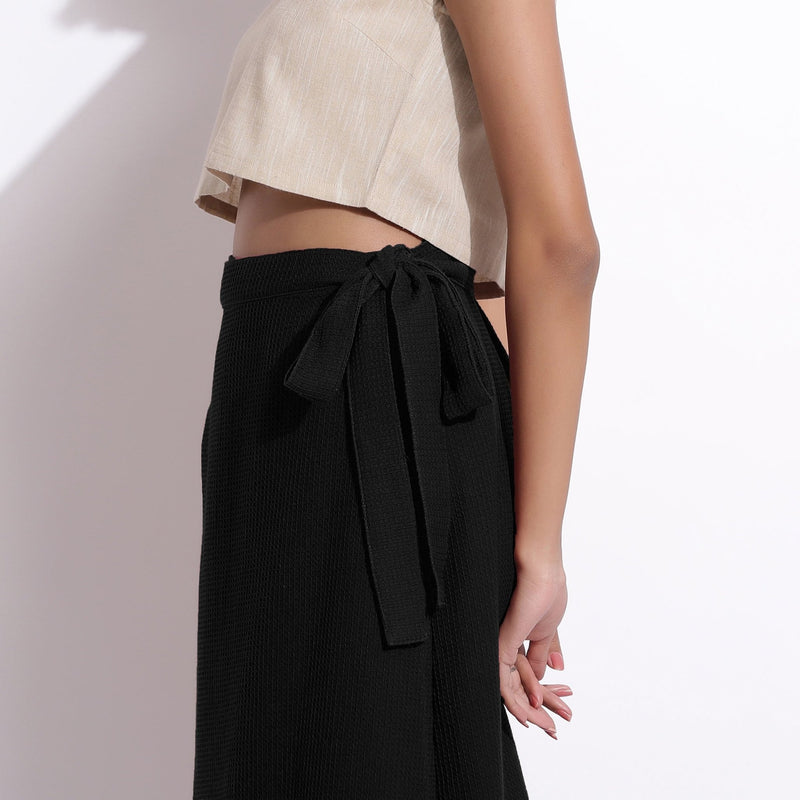 Black Warm Cotton Waffle Midi Wrap Skirt