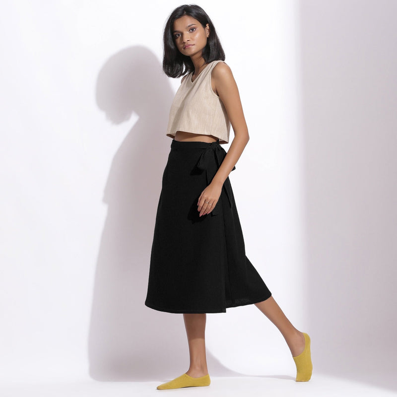 Black Warm Cotton Waffle Midi Wrap Skirt