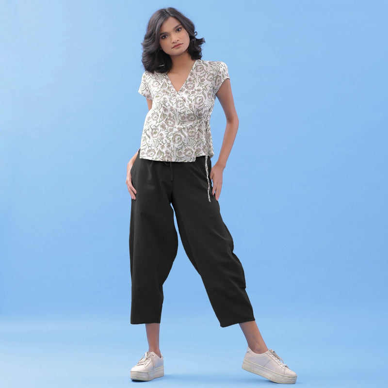 Black Cotton Flax Elasticated Paneled Pant