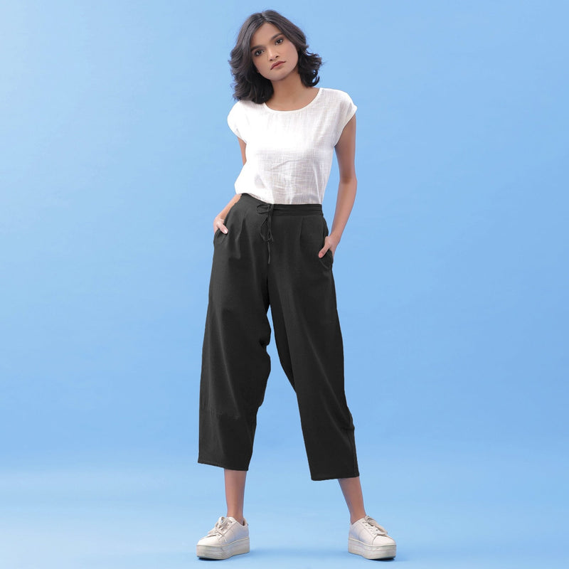 Black Cotton Flax Elasticated Paneled Pant