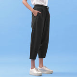 Black Cotton Flax Elasticated Paneled Pant
