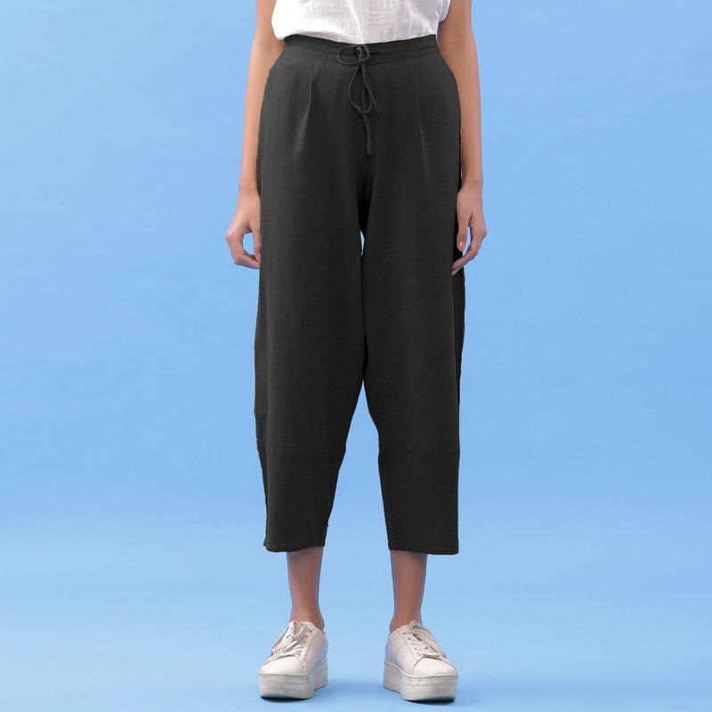 Black Cotton Flax Elasticated Paneled Pant