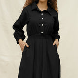 Black Yarn-Dyed Cotton Button-Down Yoked Maxi Dress