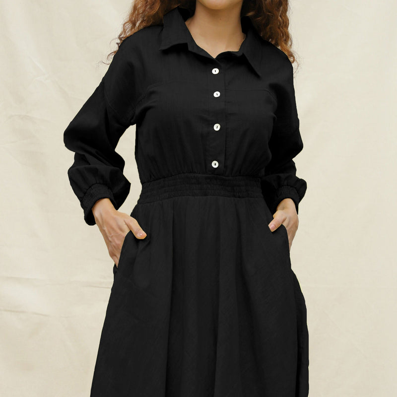 Black Yarn-Dyed Cotton Button-Down Yoked Maxi Dress