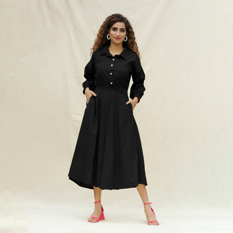 Black Yarn-Dyed Cotton Button-Down Yoked Maxi Dress