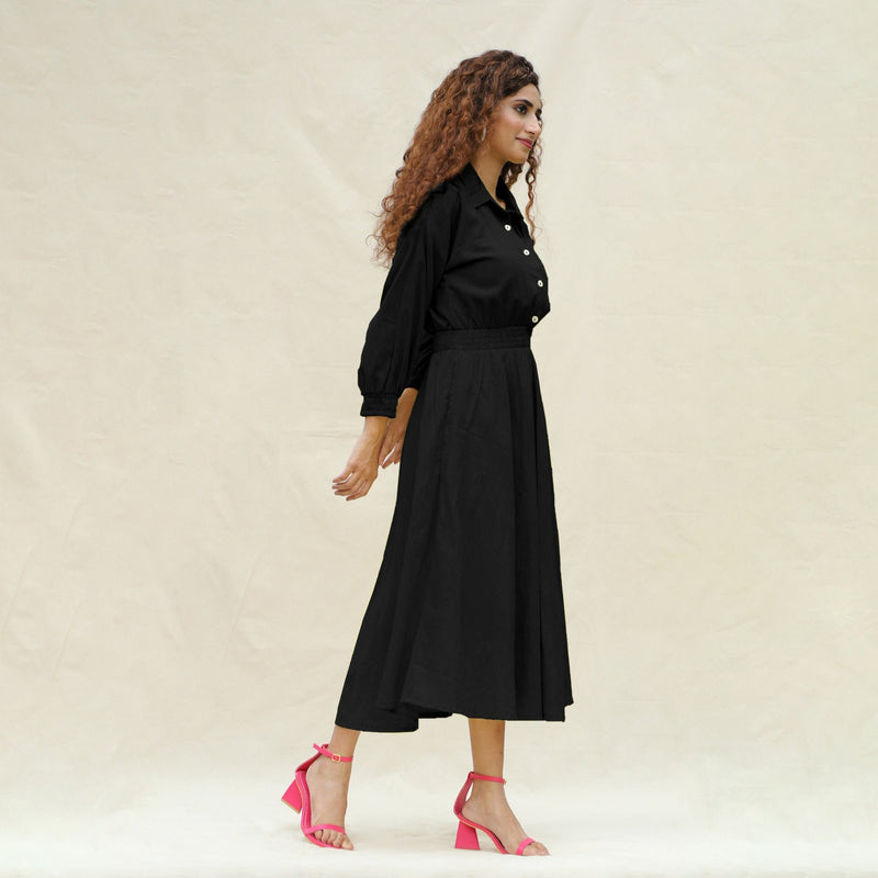 Black Yarn-Dyed Cotton Button-Down Yoked Maxi Dress