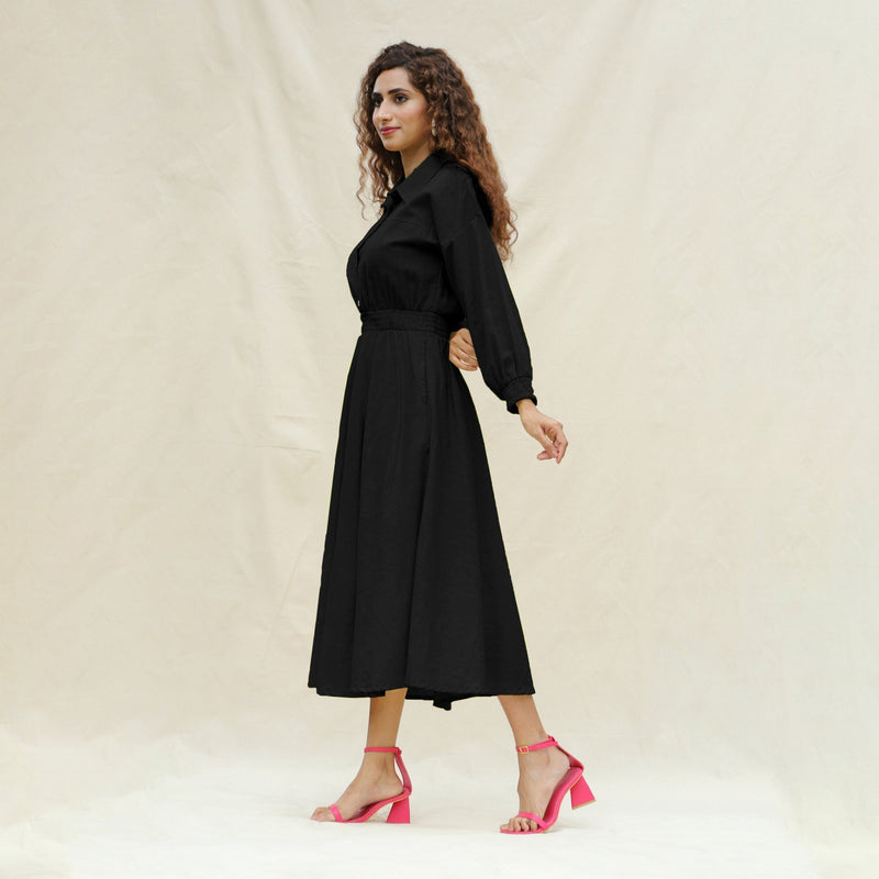 Black Yarn-Dyed Cotton Button-Down Yoked Maxi Dress