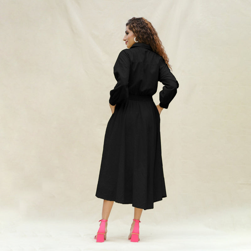 Black Yarn-Dyed Cotton Button-Down Yoked Maxi Dress