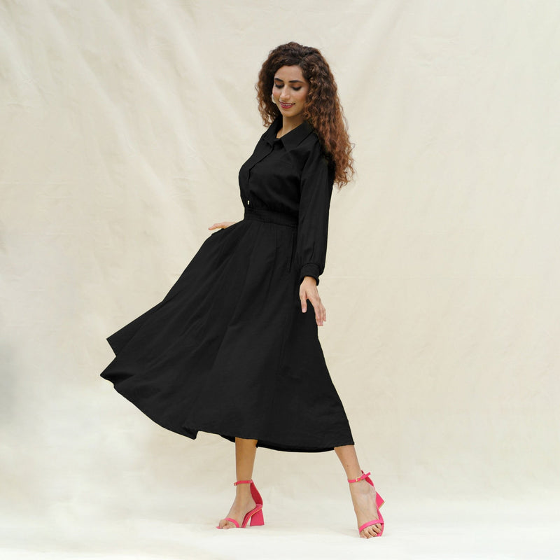 Black Yarn-Dyed Cotton Button-Down Yoked Maxi Dress
