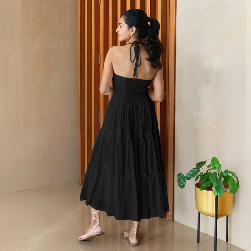 Black 100% Cotton Halter Neck Tier Midi Dress 38" / Tall (5'7" and above) Black 100% Cotton Halter Neck Tier Midi Dress 38" / Tall (5'7" and above)