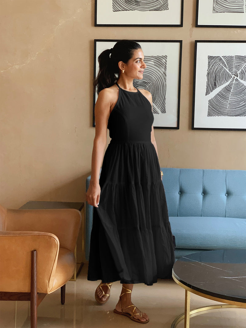 Black 100% Cotton Halter Neck Tier Midi Dress