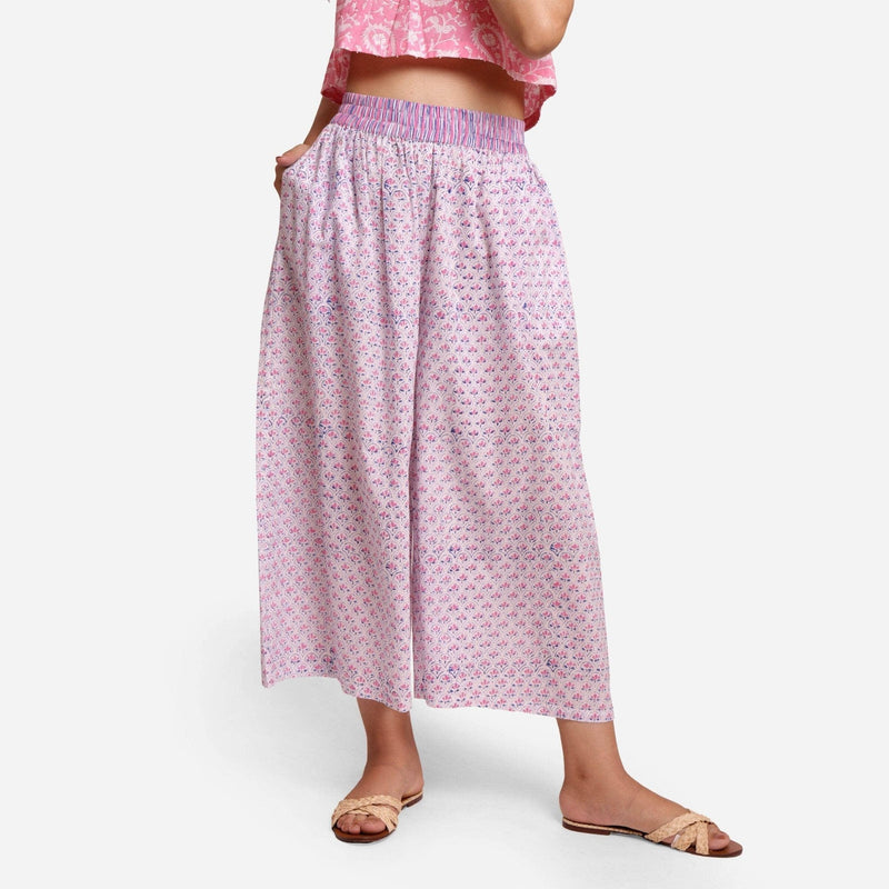 Front View of a Model wearing Block Printed Mid-Rise Wide Legged Pant