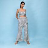 Front View of a Model wearing Slate Blue Block Printed 100% Cotton Bootcut Pant