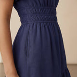 Blue 100% Cotton Elasticated Short Tier Dress