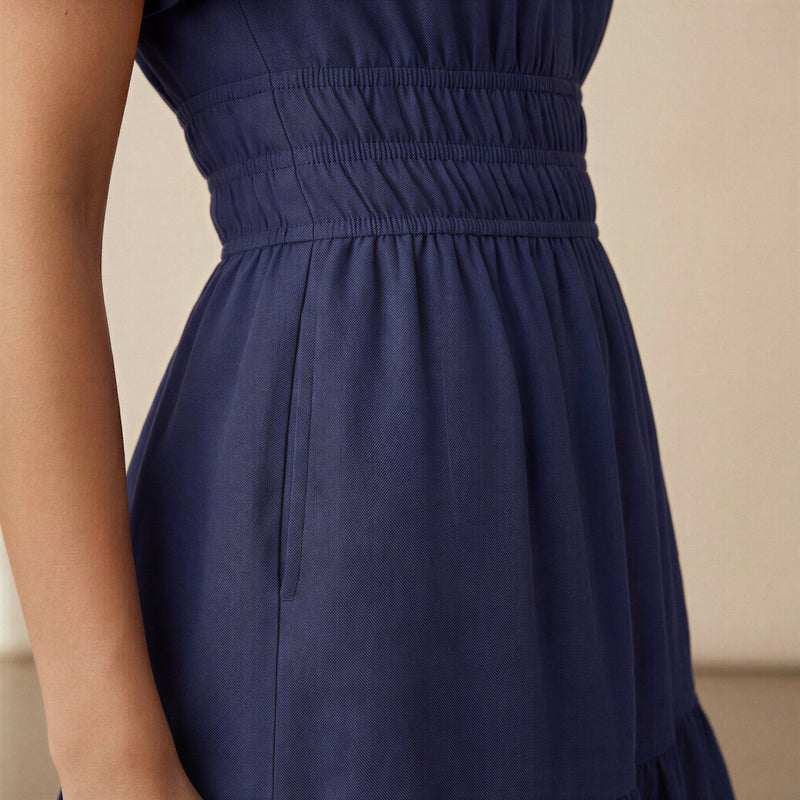 Blue 100% Cotton Elasticated Short Tier Dress