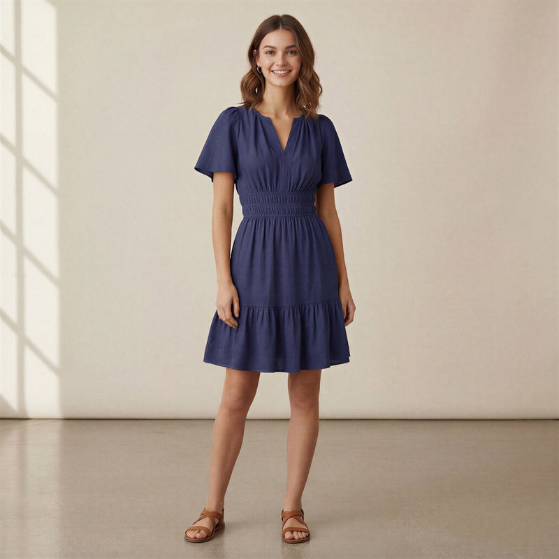 Blue 100% Cotton Elasticated Short Tier Dress
