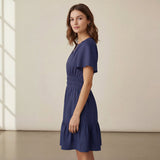 Blue 100% Cotton Elasticated Short Tier Dress