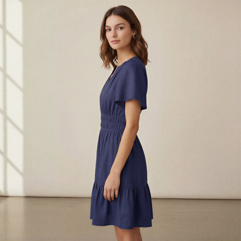 Blue 100% Cotton Elasticated Short Tier Dress