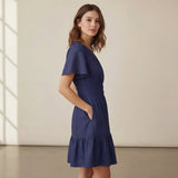 Blue 100% Cotton Elasticated Short Tier Dress