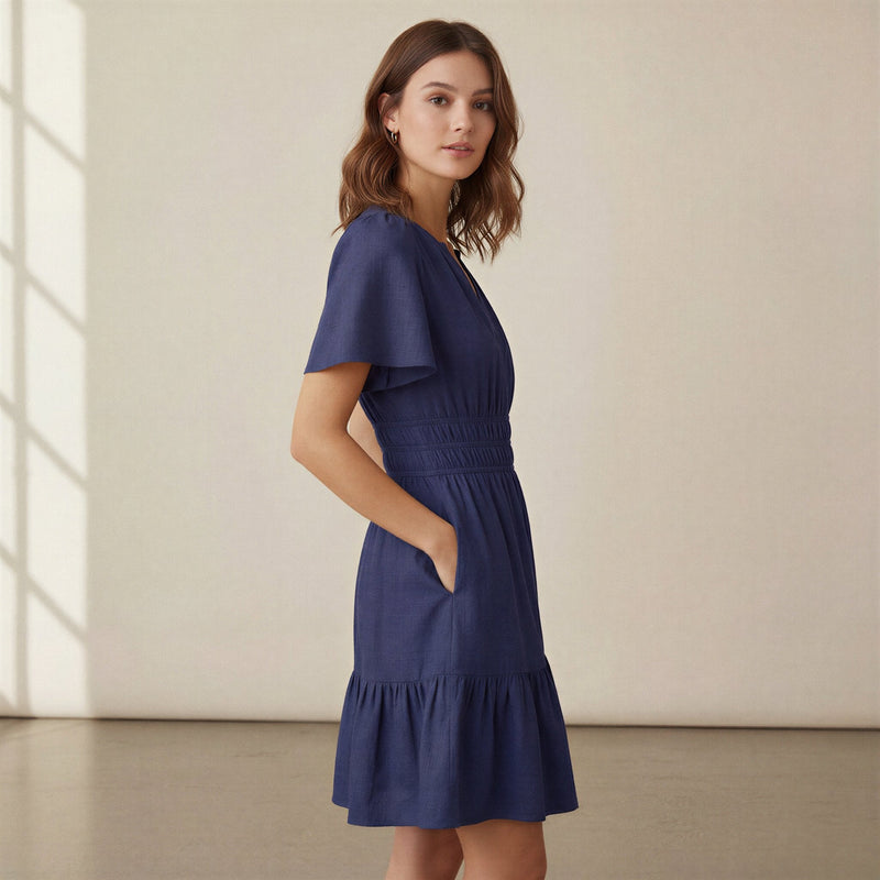Blue 100% Cotton Elasticated Short Tier Dress