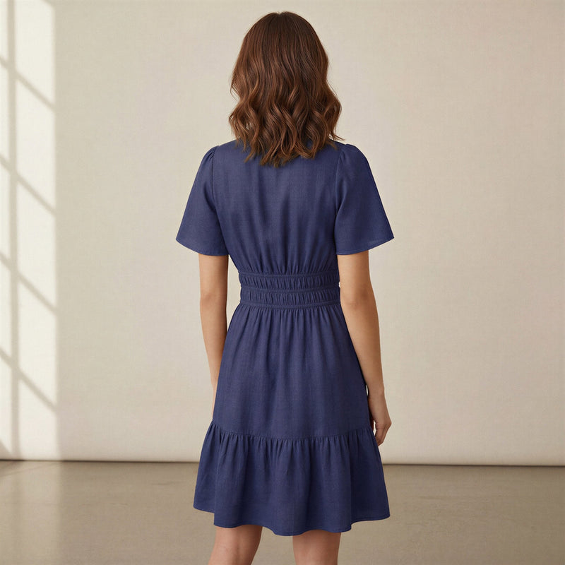 Blue 100% Cotton Elasticated Short Tier Dress