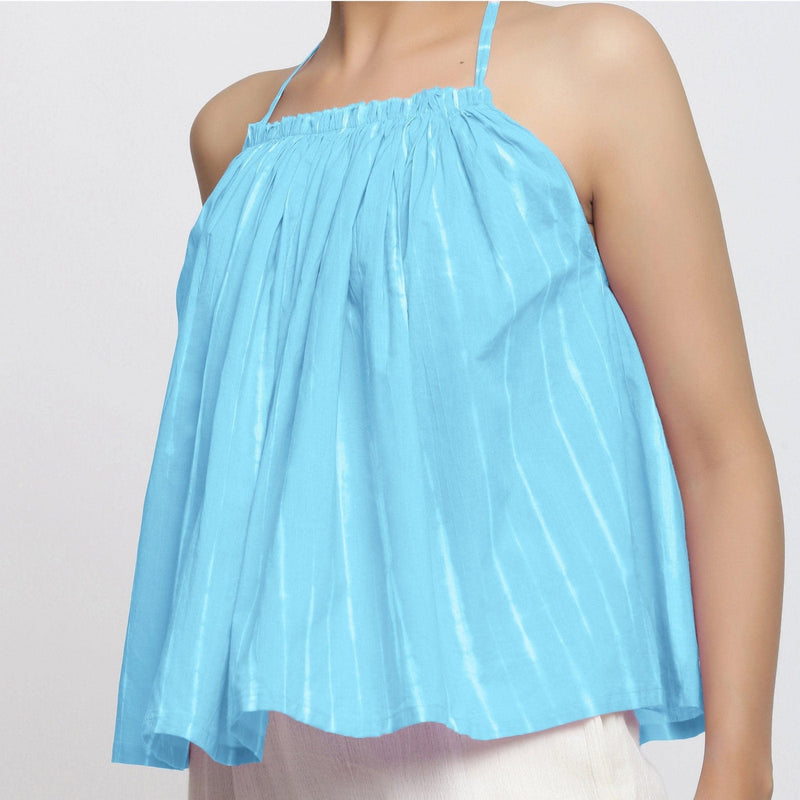 Front Detail of a Model wearing Blue Tie Dye Strappy Camisole Top