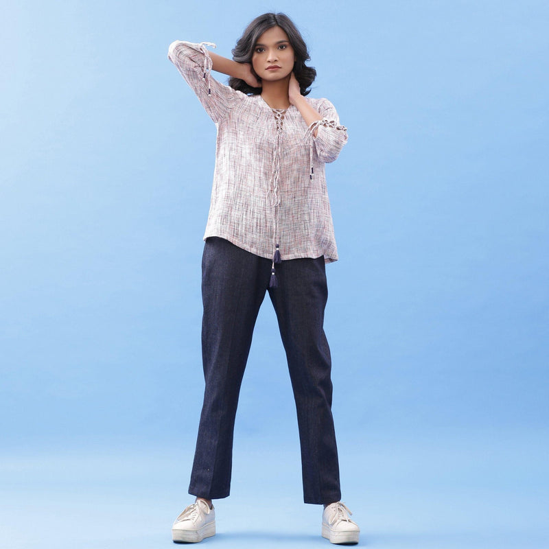 Front View of a Model wearing Bohemian Crinkled Cotton Tie-Up Top