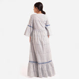 Back View of a Model wearing Blue Block Printed Bell Sleeves Tier Dress