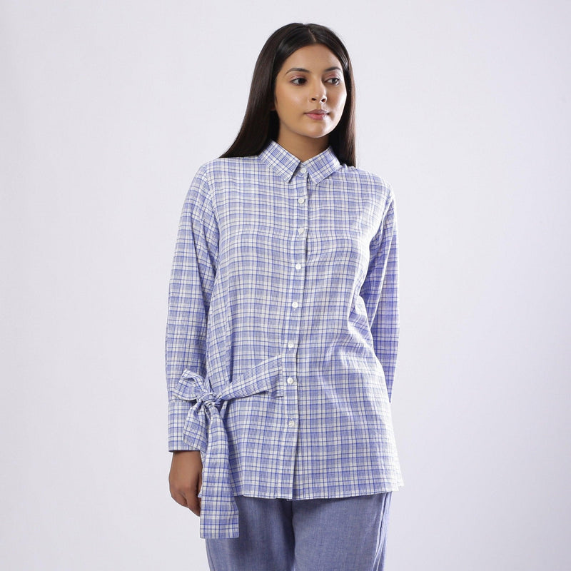 Front View of a Model wearing Blue Checkered Handspun Tie Up Shirt