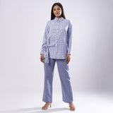 Front View of a Model wearing Blue Checkered Handspun 100% Cotton Button-Down Shirt