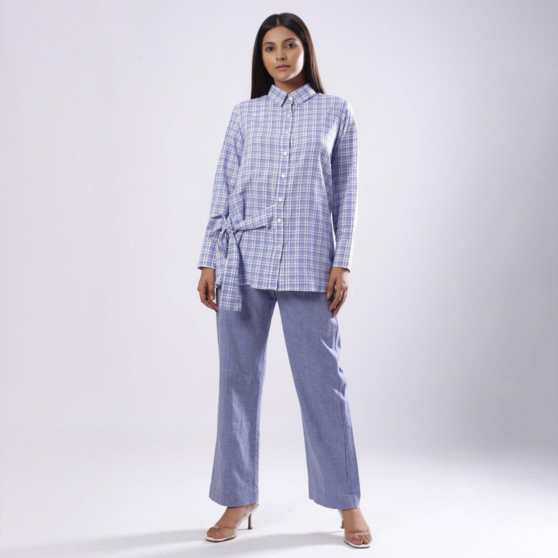 Front View of a Model wearing Blue Checkered Handspun Tie Up Shirt