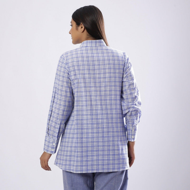 Back View of a Model wearing Blue Checkered Handspun Tie Up Shirt