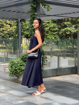 Blue Cotton Flax A-Line Front Slit Maxi Dress