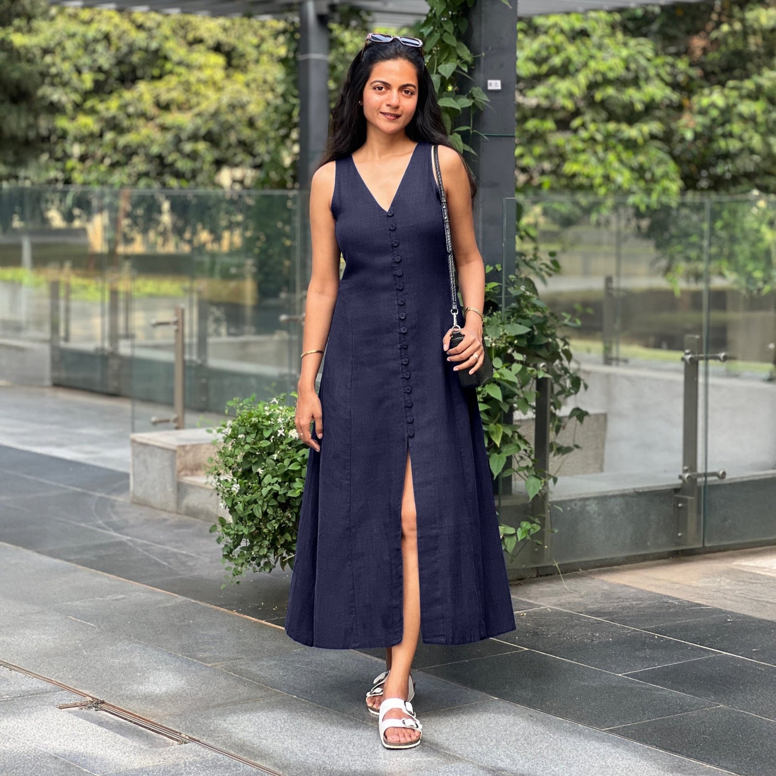 Buy Blue Cotton Flax A-Line Front Slit Maxi Dress Online at