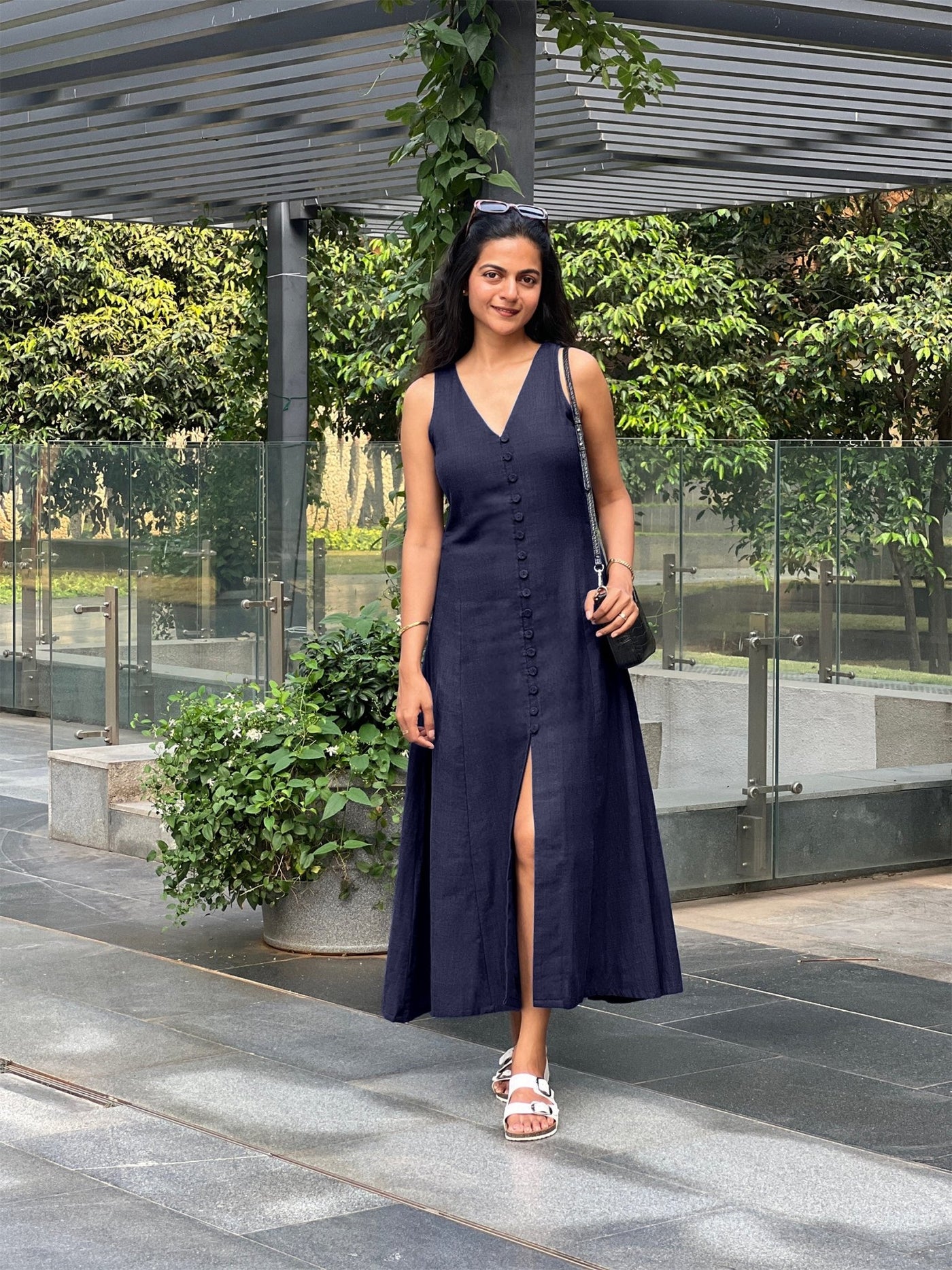 Blue Cotton Flax A-Line Front Slit Maxi Dress 44