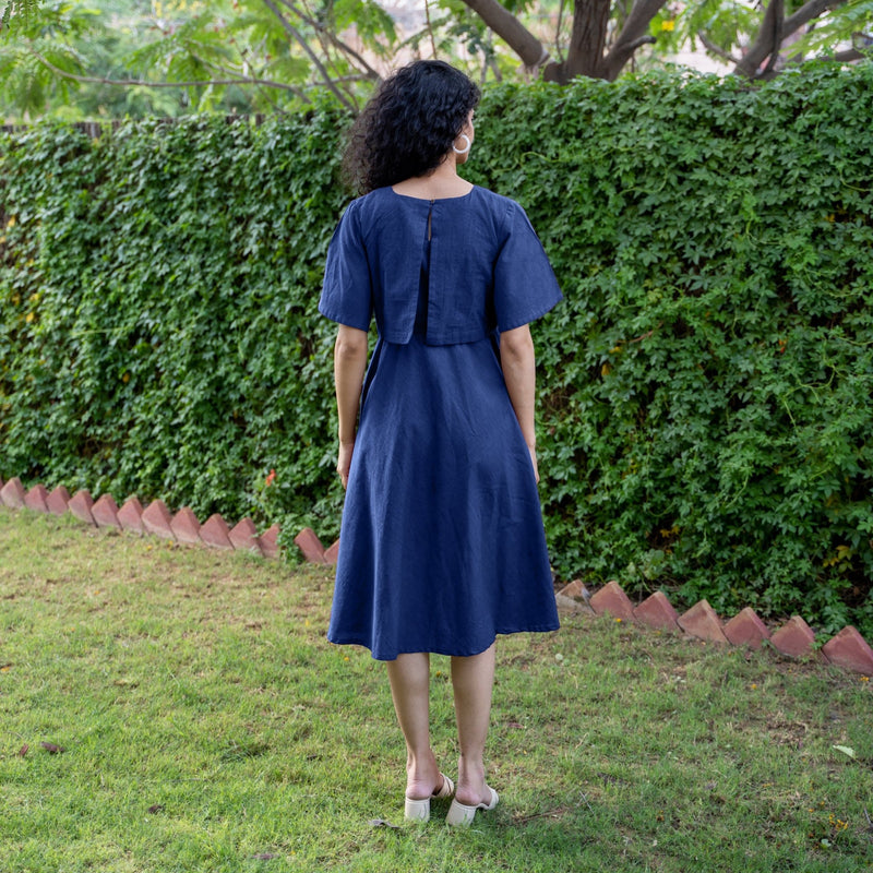 Blue Cotton Flax Fit and Flare Knee Length Pre and Post Maternity Dress