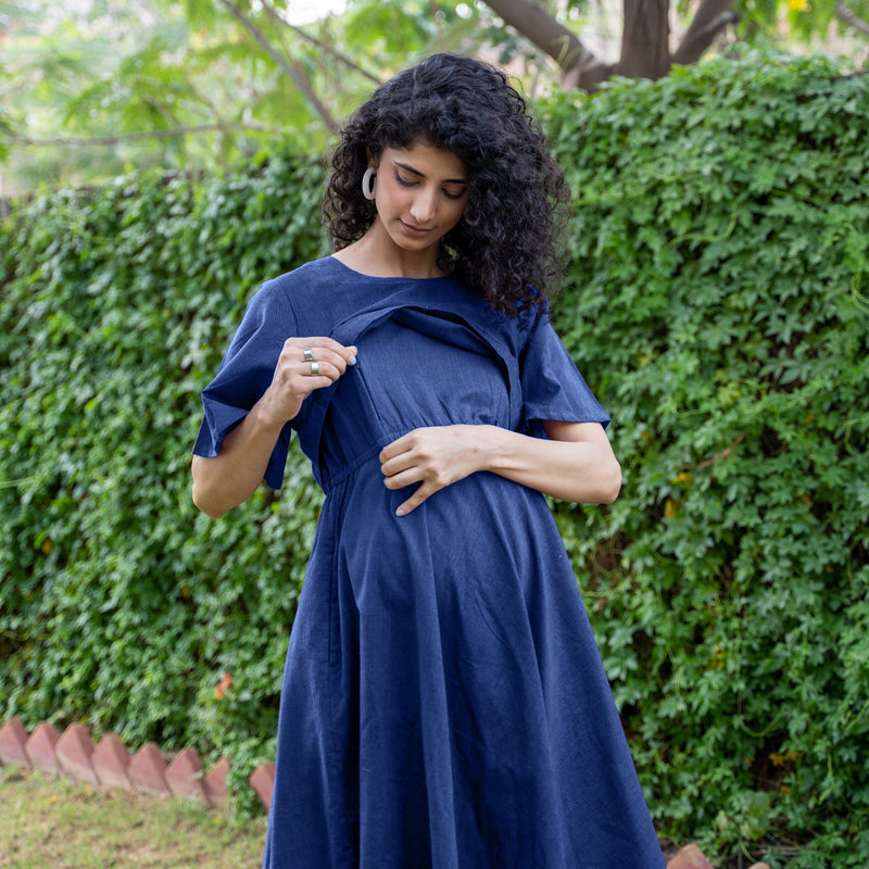 Blue Cotton Flax Fit and Flare Knee Length Pre and Post Maternity Dress