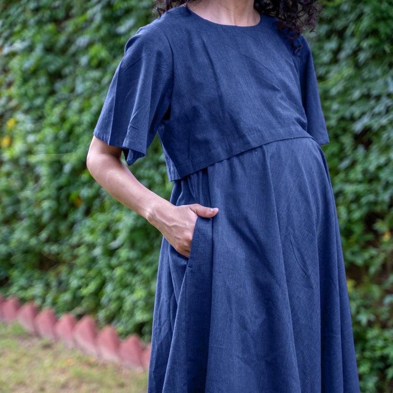 Blue Cotton Flax Fit and Flare Knee Length Pre and Post Maternity Dress