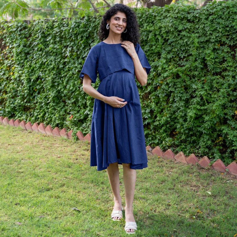 Blue Cotton Flax Fit and Flare Knee Length Pre and Post Maternity Dress