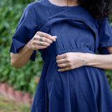 Blue Cotton Flax Fit and Flare Knee Length Pre and Post Maternity Dress