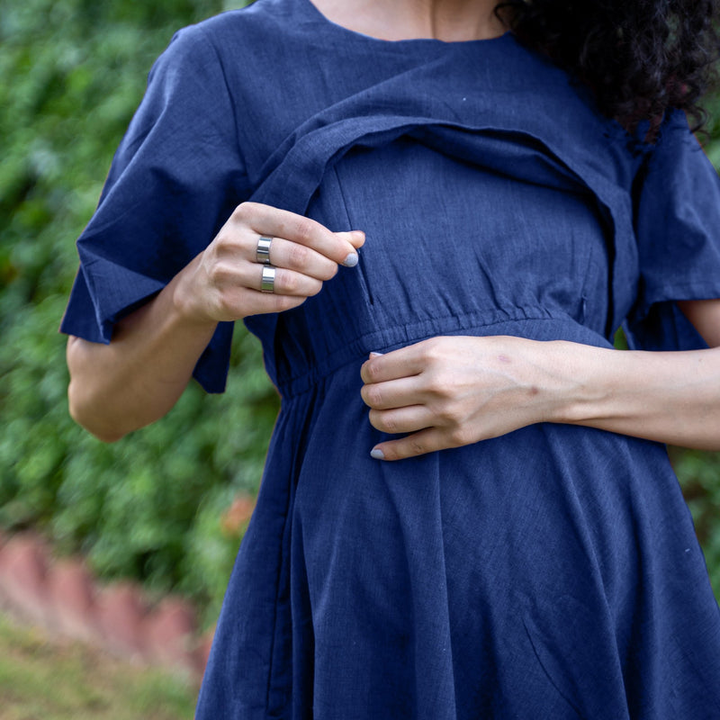 Blue Cotton Flax Fit and Flare Knee Length Pre and Post Maternity Dress
