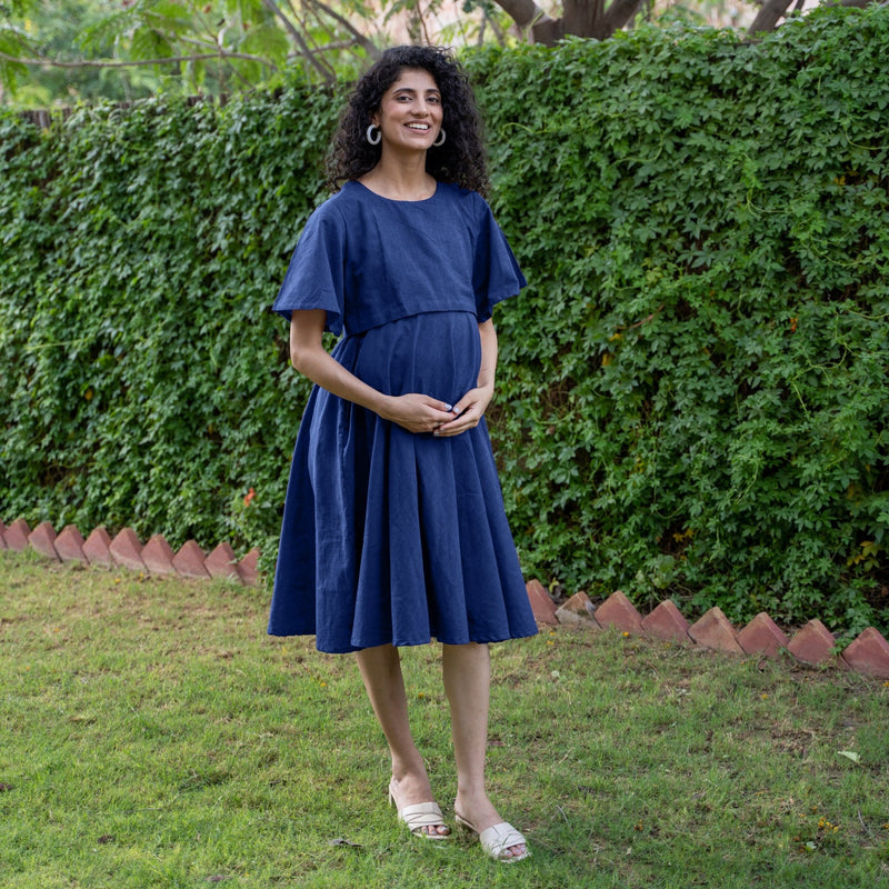 Blue Cotton Flax Fit and Flare Knee Length Pre and Post Maternity Dress
