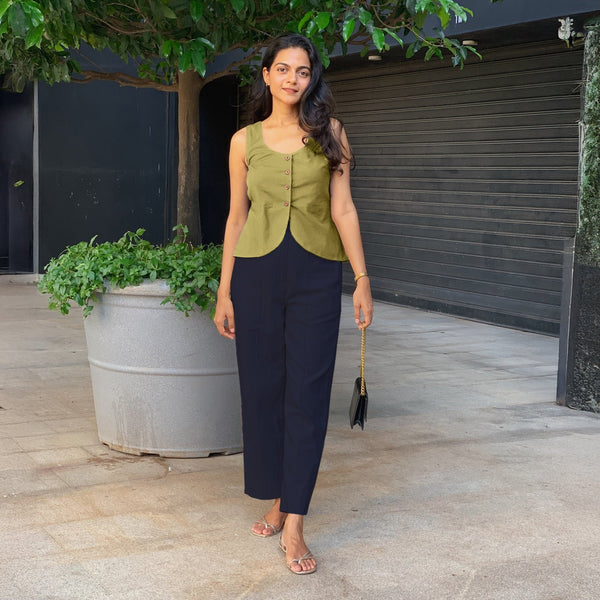 Blue Cotton Flax High-Rise Straight Leg Pant