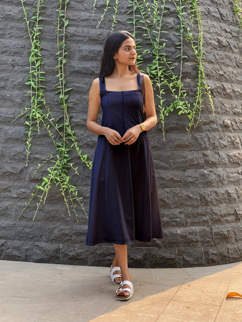 Blue Cotton Flax Paneled Midi Dress