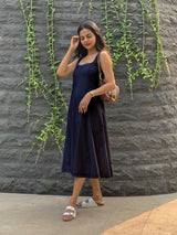 Blue Cotton Flax Paneled Midi Dress