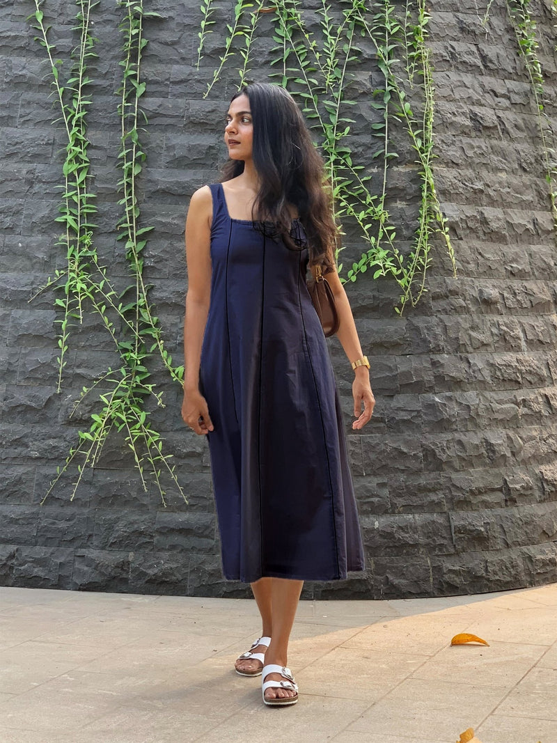 Blue Cotton Flax Paneled Midi Dress