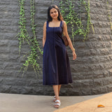 Blue Cotton Flax Paneled Midi Dress